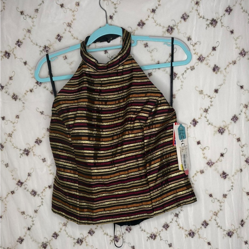 Xscape Metallic Gold Black Burgundy Striped Halter Top
